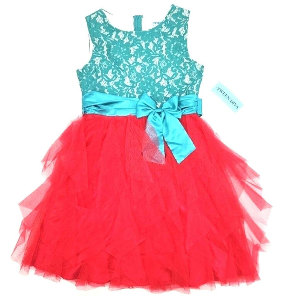 Tween Diva Girls Teal Lace & Red Tulle Bow Party Dress